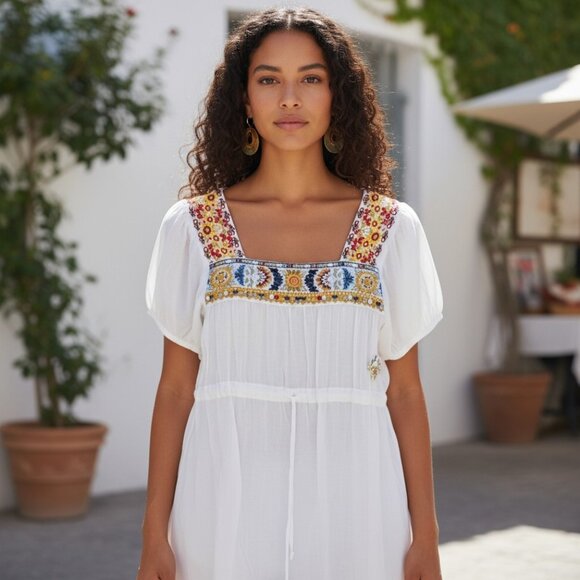 JOHNNY WAS ANTHROPOLOGIE White Cotton Mini Dress M Cinch Waist Cover Up Mexican - Picture 17 of 17